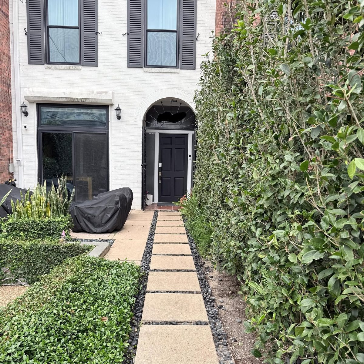 Square concrete stepping stones set in dark gravel leading to the door of a white-painted brick townhouse, between a clipped low hedge and a tall green wall of foliage.