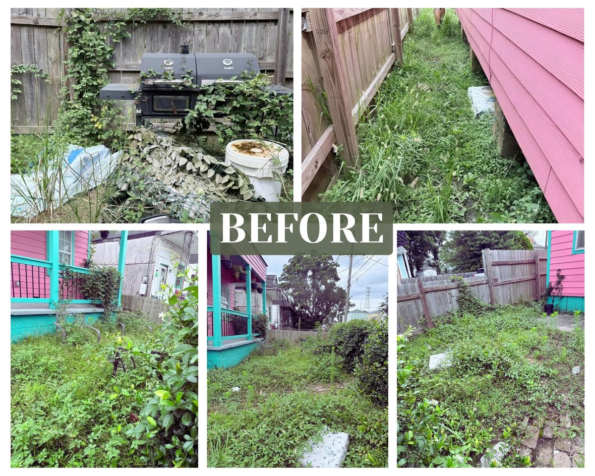 A before collage of an overgrown yard at a pink raised house: weeds, vines and debris along the fence lines and the side passage.